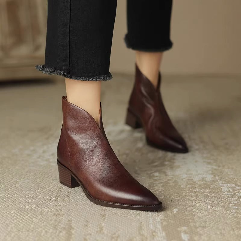 Retro Martin Boots Spring and Autumn Single Boots Women's Medium Heel Pointed Toe Thick Heel Short Boots Ankle Boots