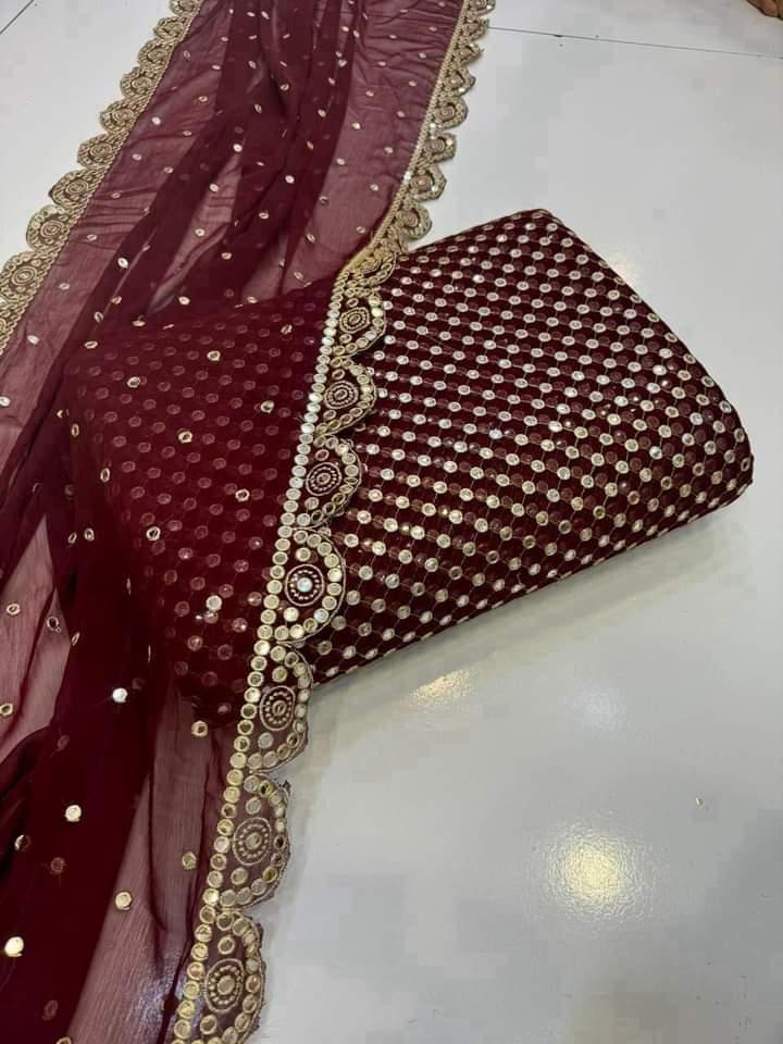 2 Pcs Women's Unstitched Chiffon Mirror Work Suit