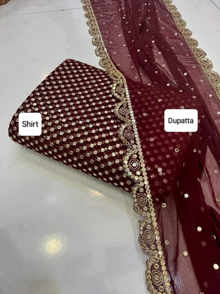 2 Pcs Women's Unstitched Chiffon Mirror Work Suit