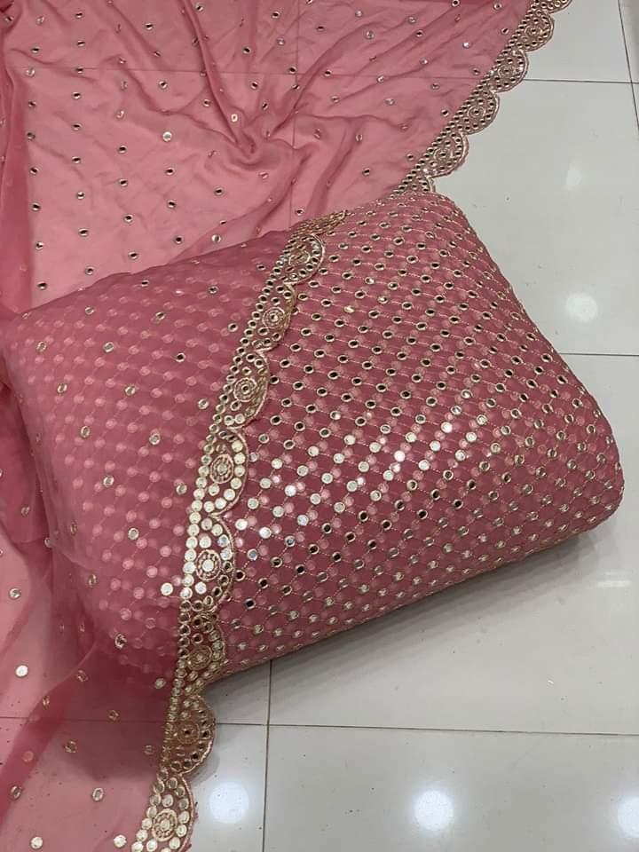 2 Pcs Women's Unstitched Chiffon Mirror Work Suit