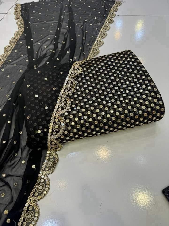 2 Pcs Women's Unstitched Chiffon Mirror Work Suit