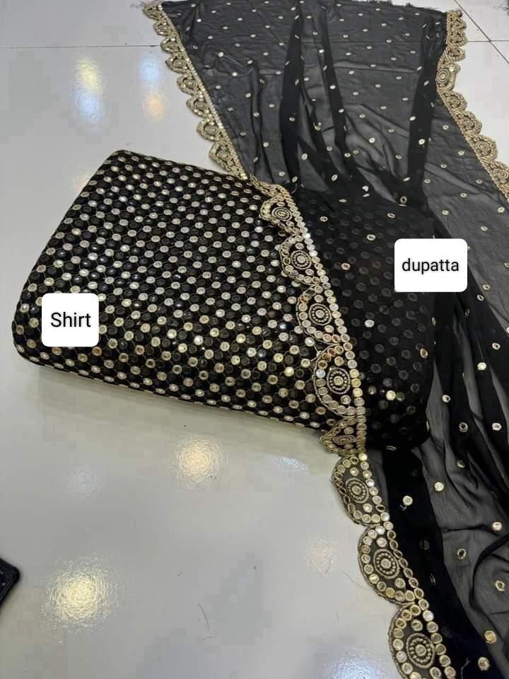 2 Pcs Women's Unstitched Chiffon Mirror Work Suit