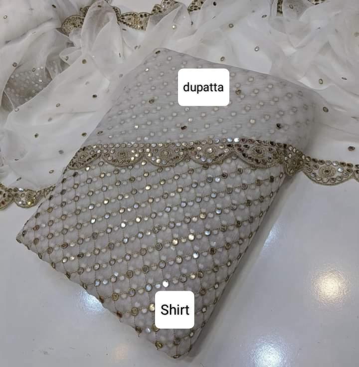 2 Pcs Women's Unstitched Chiffon Mirror Work Suit