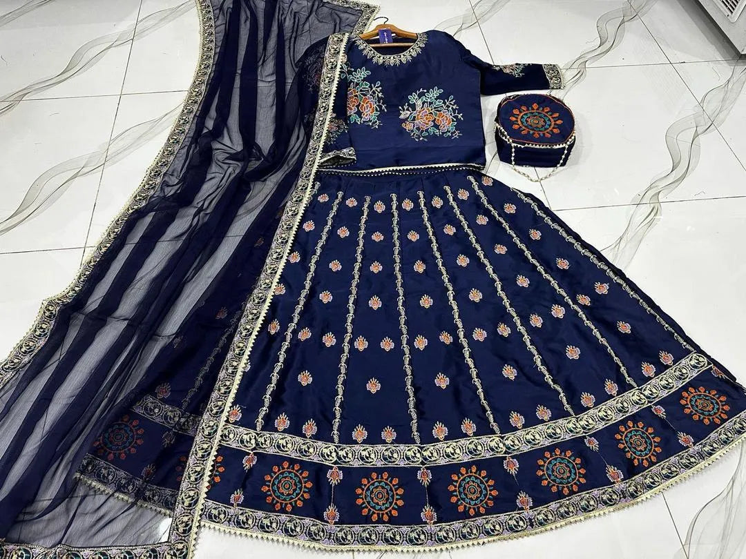 Exquisite 4 Pcs Silk Embroidered Lehenga Choli Set