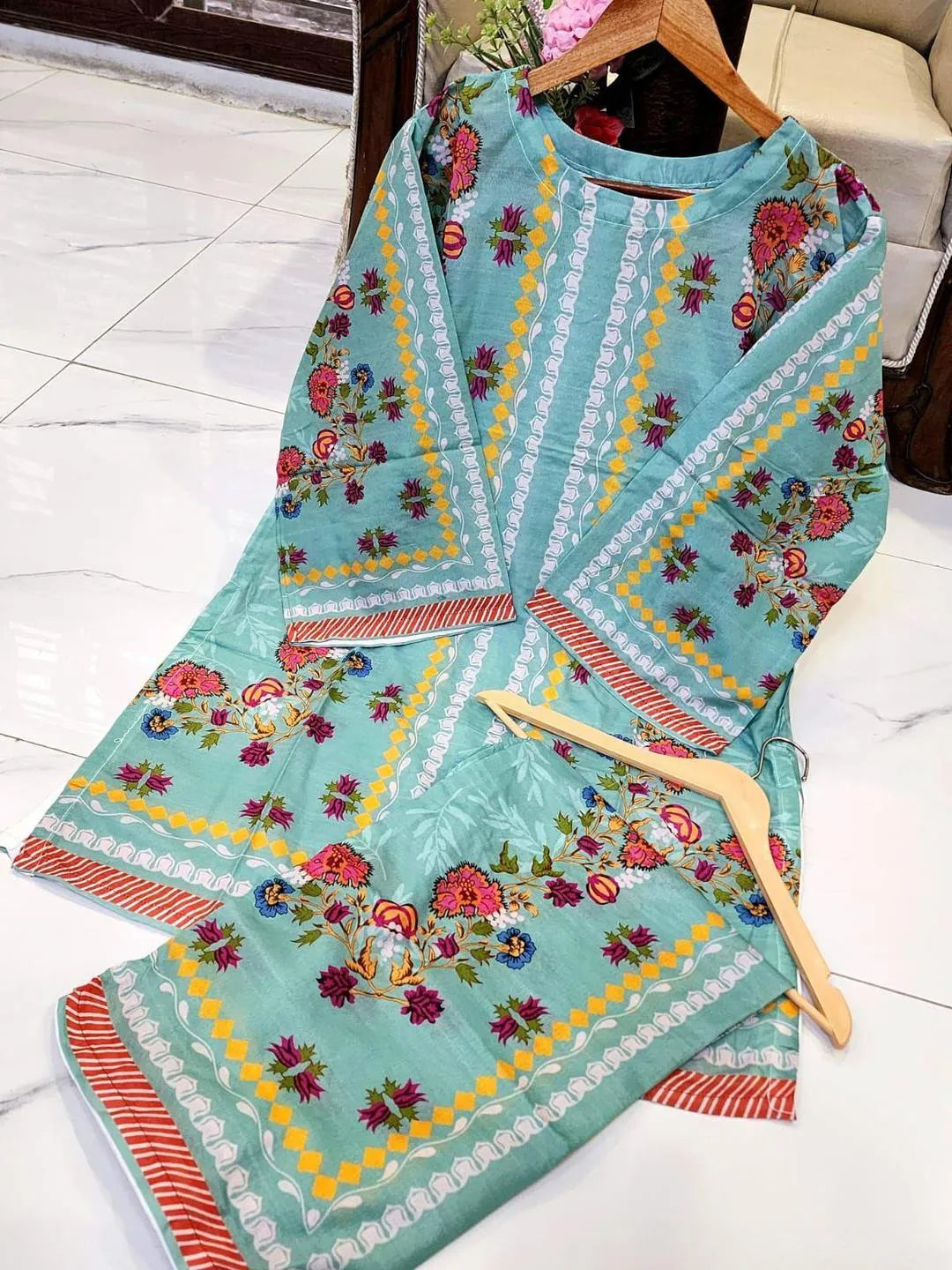 2 Pcs Women's Stitched Swiss Lawn Printed Co-Ord Set in  Multicolors