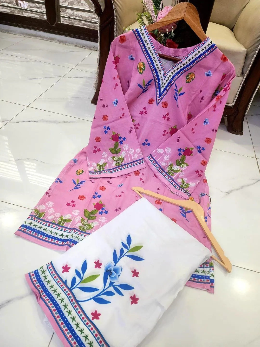 2 Pcs Women's Stitched Swiss Lawn Printed Co-Ord Set in  Multicolors