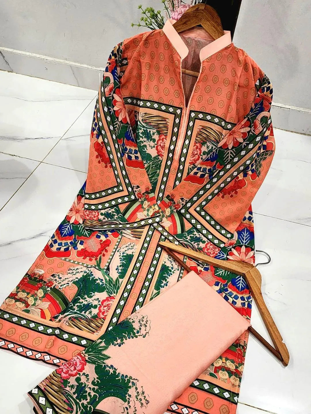 2 Pcs Women's Stitched Swiss Lawn Printed Co-Ord Set in  Multicolors