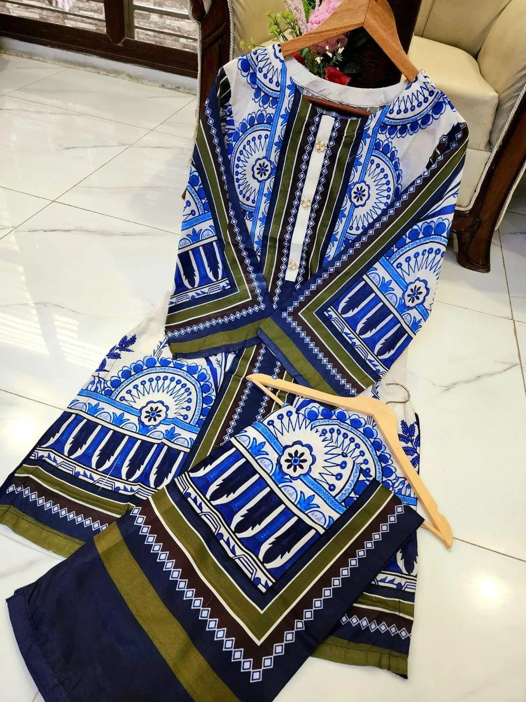 2 Pcs Women's Stitched Swiss Lawn Printed Co-Ord Set in  Multicolors