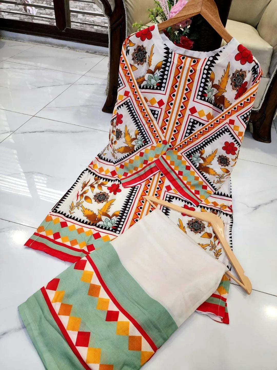 2 Pcs Women's Stitched Swiss Lawn Printed Co-Ord Set in  Multicolors