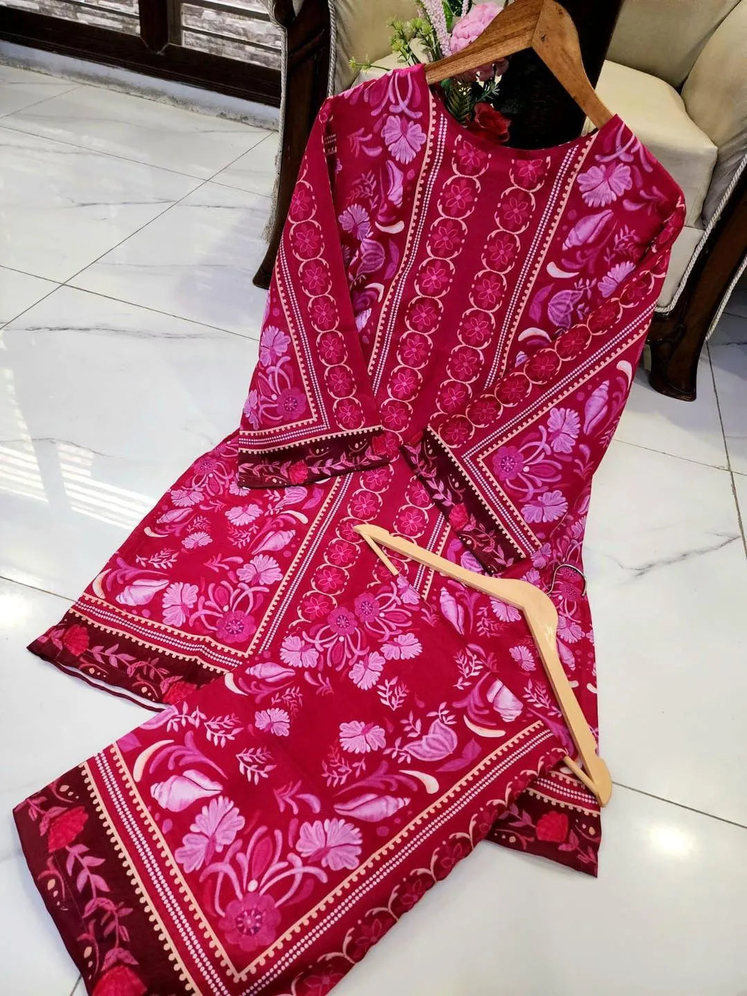 2 Pcs Women's Stitched Swiss Lawn Printed Co-Ord Set in  Multicolors