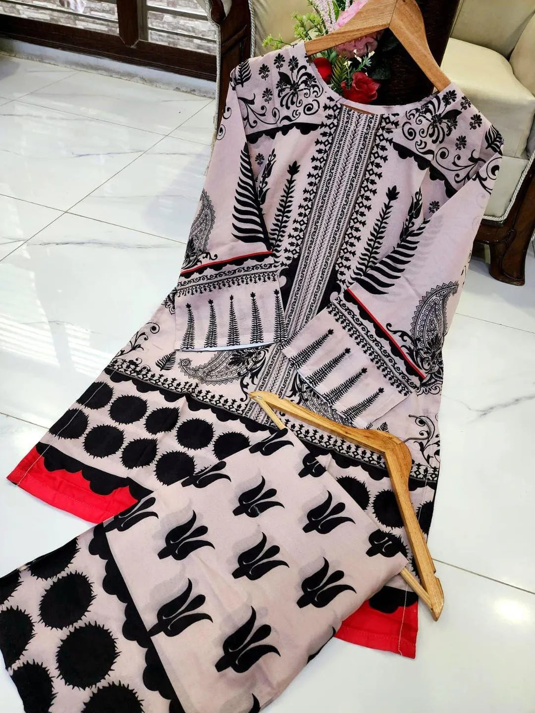 2 Pcs Women's Stitched Swiss Lawn Printed Co-Ord Set in  Multicolors