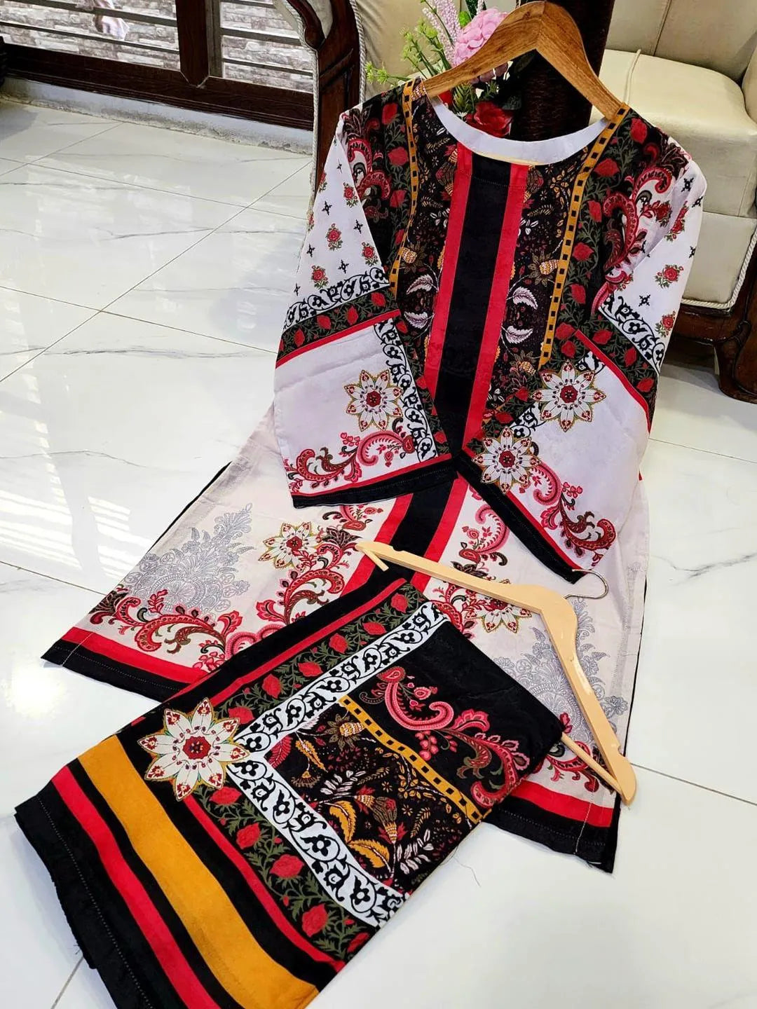 2 Pcs Women's Stitched Swiss Lawn Printed Co-Ord Set in  Multicolors