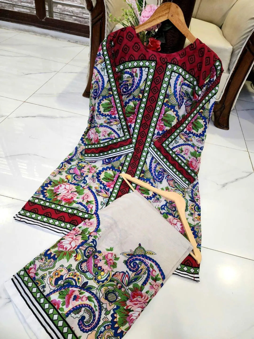 2 Pcs Women's Stitched Swiss Lawn Printed Co-Ord Set in  Multicolors