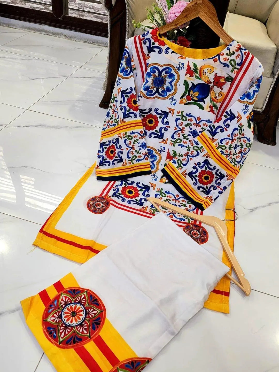 2 Pcs Women's Stitched Swiss Lawn Printed Co-Ord Set in  Multicolors