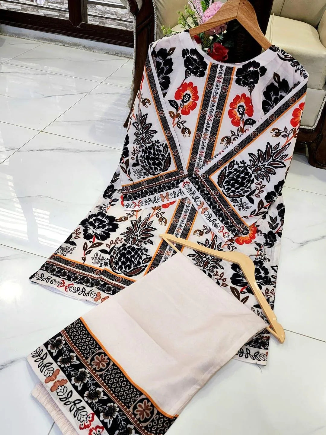 2 Pcs Women's Stitched Swiss Lawn Printed Co-Ord Set in  Multicolors