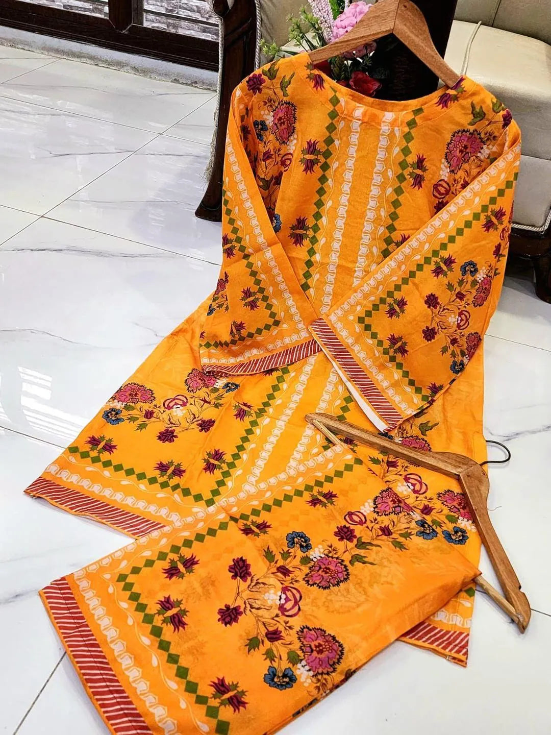 2 Pcs Women's Stitched Swiss Lawn Printed Co-Ord Set in  Multicolors