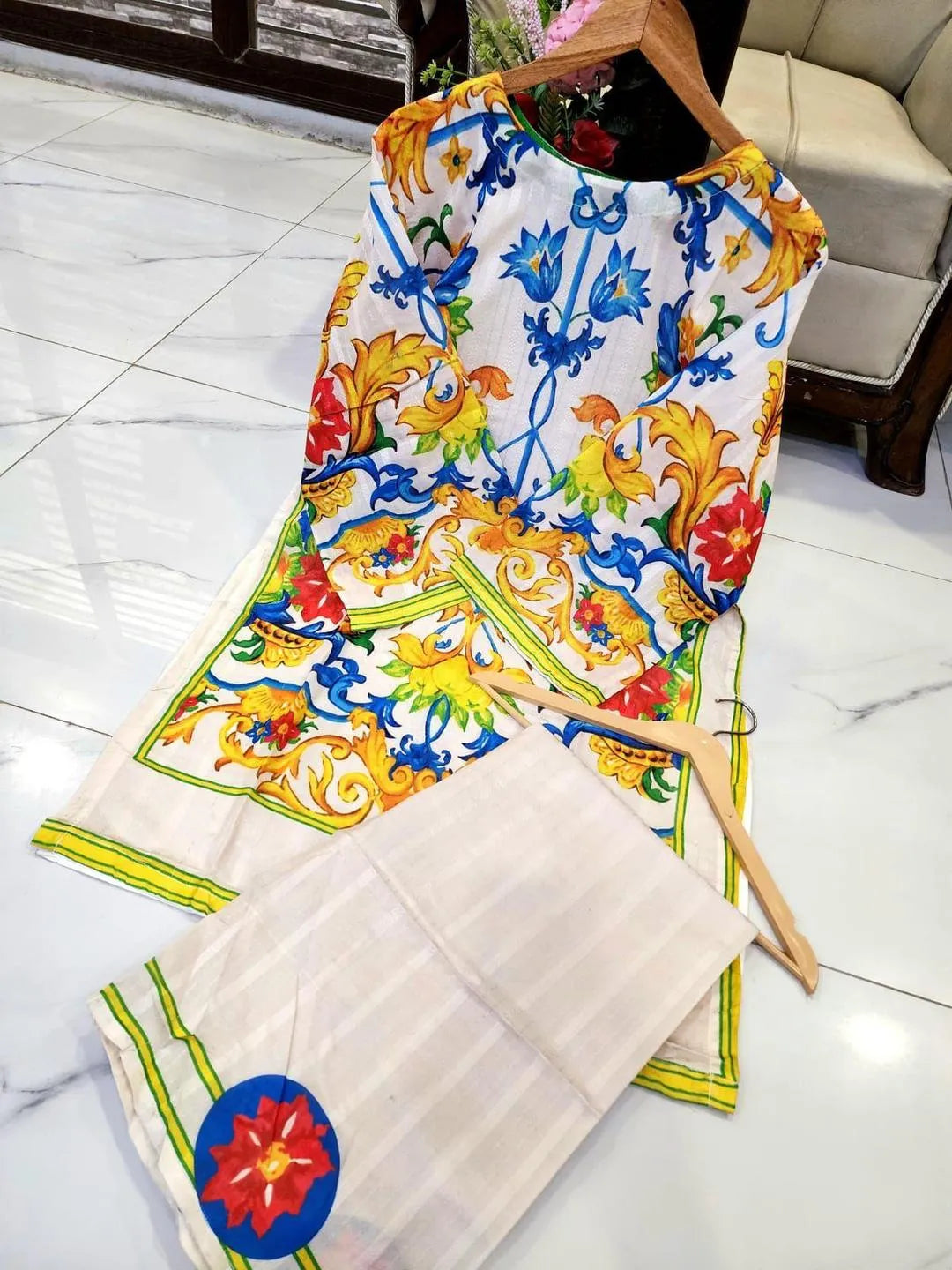 2 Pcs Women's Stitched Swiss Lawn Printed Co-Ord Set in  Multicolors