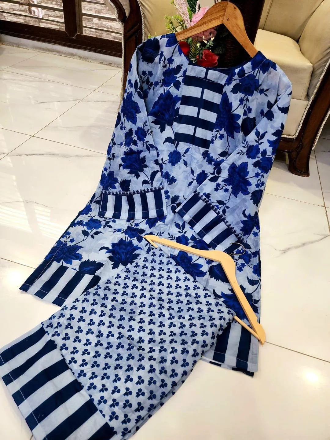 2 Pcs Women's Stitched Swiss Lawn Printed Co-Ord Set in  Multicolors