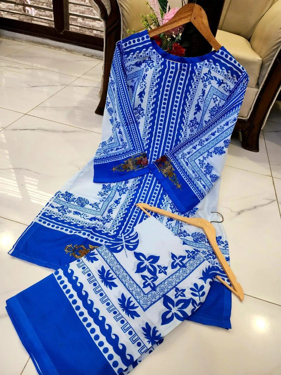 2 Pcs Women's Stitched Swiss Lawn Printed Co-Ord Set in  Multicolors