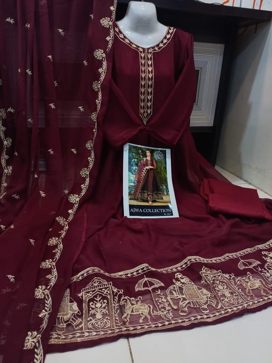 3 Pcs Women's Stitched Embroidered Maxi Suit