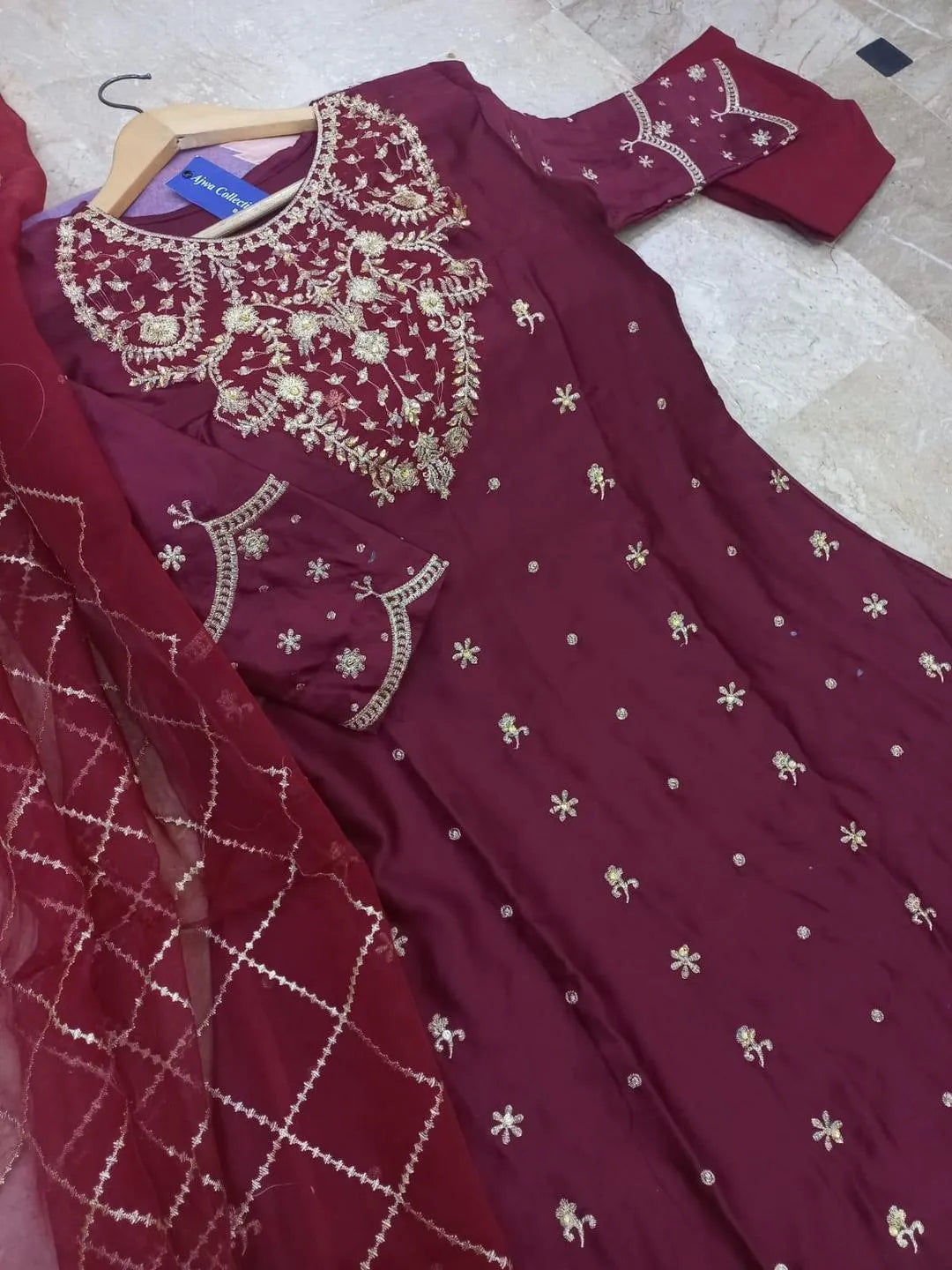 3 Pcs Women's Stitched Shamoz Silk Embroidered Maxi And Trouser