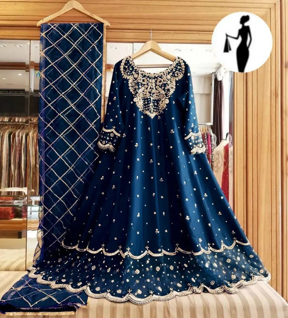 3 Pcs Women's Stitched Shamoz Silk Embroidered Maxi And Trouser