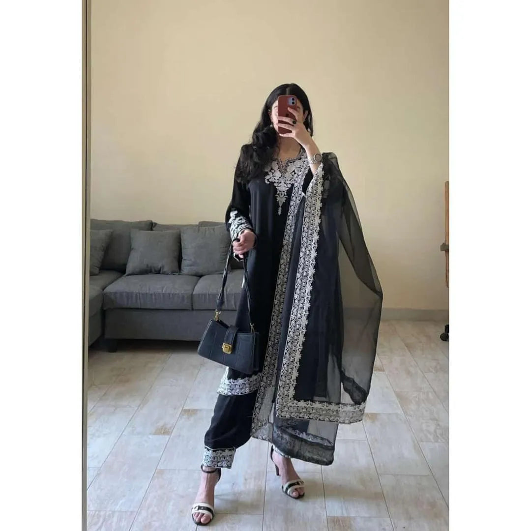 3 Pcs Women's Stitched Organza Embroidered Suit