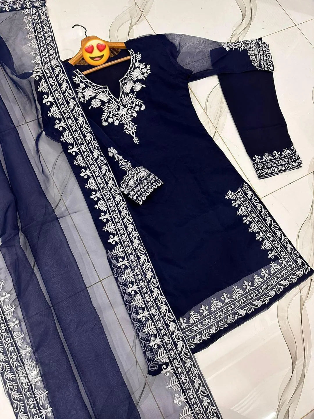 3 Pcs Women's Stitched Organza Embroidered Suit