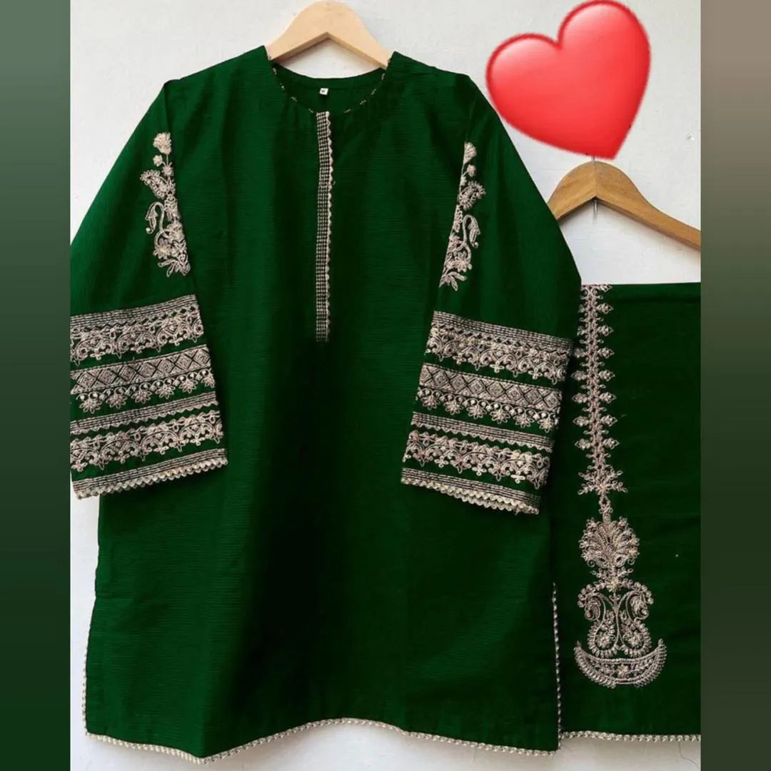 2 Pcs Women's Stitched Silk Embroidered Shirt And Trouser