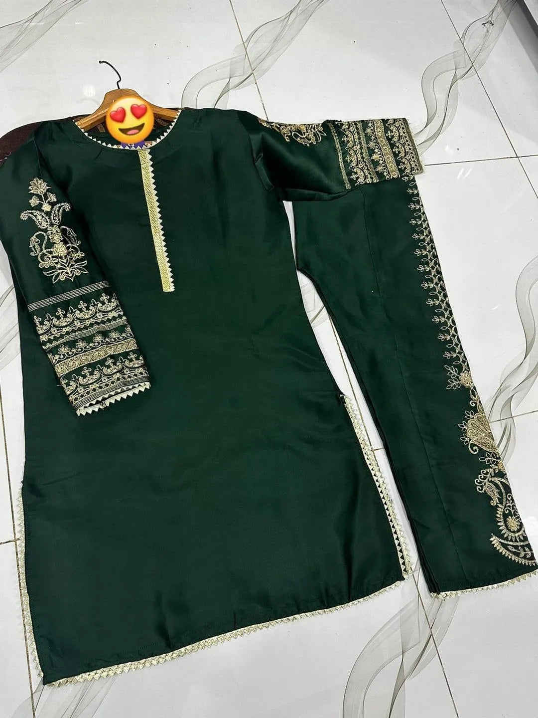 2 Pcs Women's Stitched Silk Embroidered Shirt And Trouser