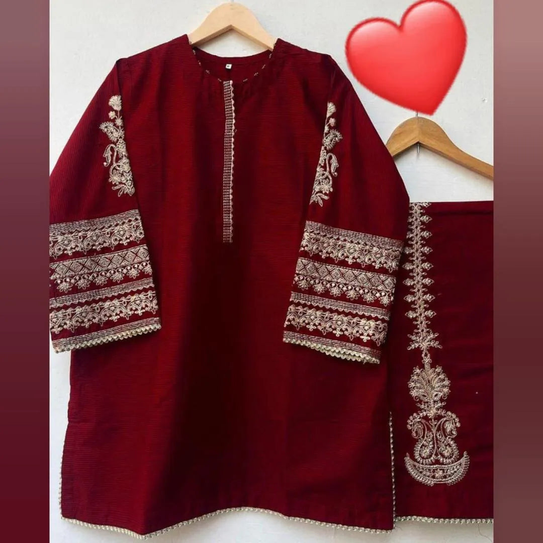 2 Pcs Women's Stitched Silk Embroidered Shirt And Trouser