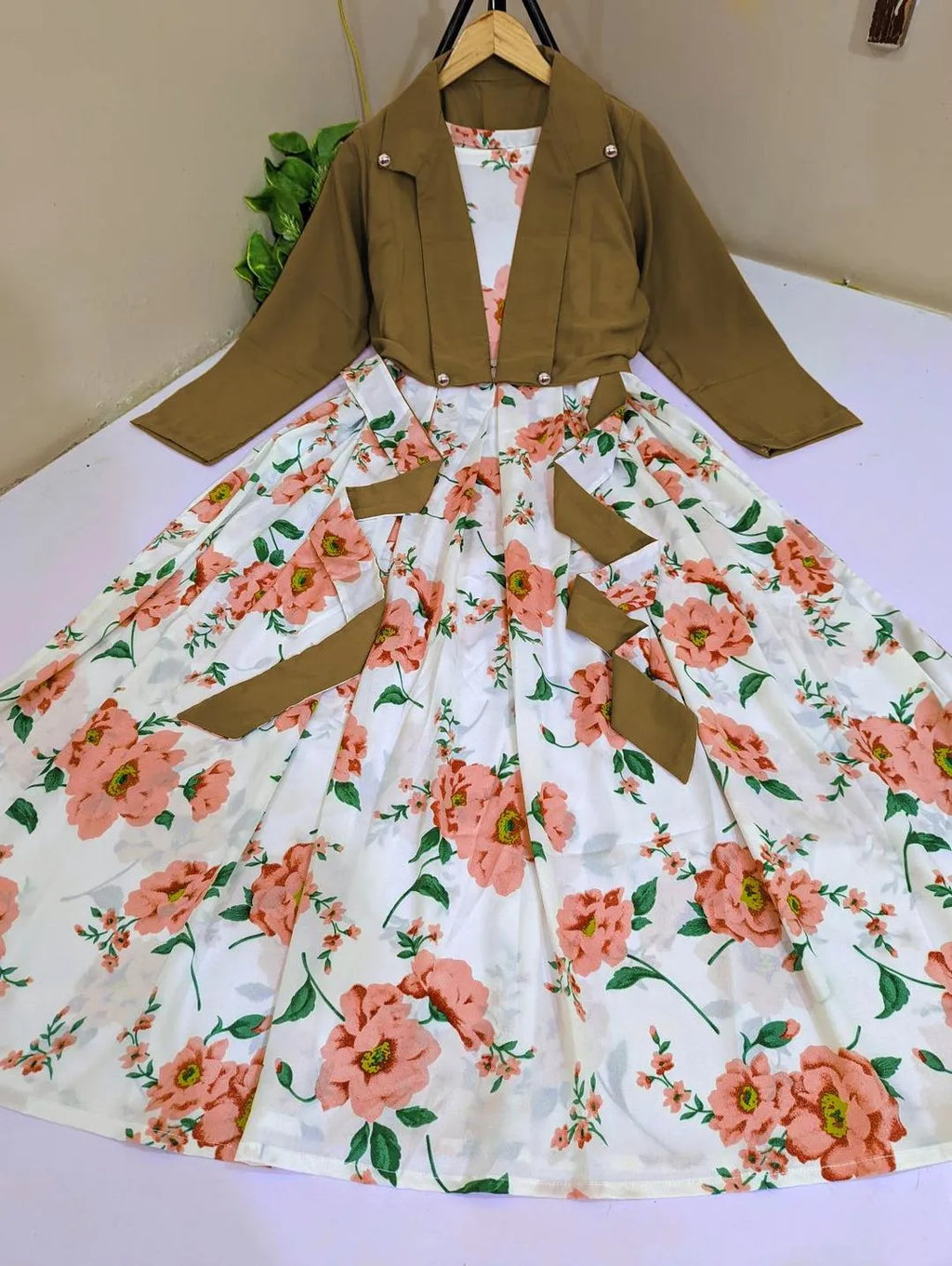 2 Pcs Women's Stitched Silk Printed Maxi and Jacket