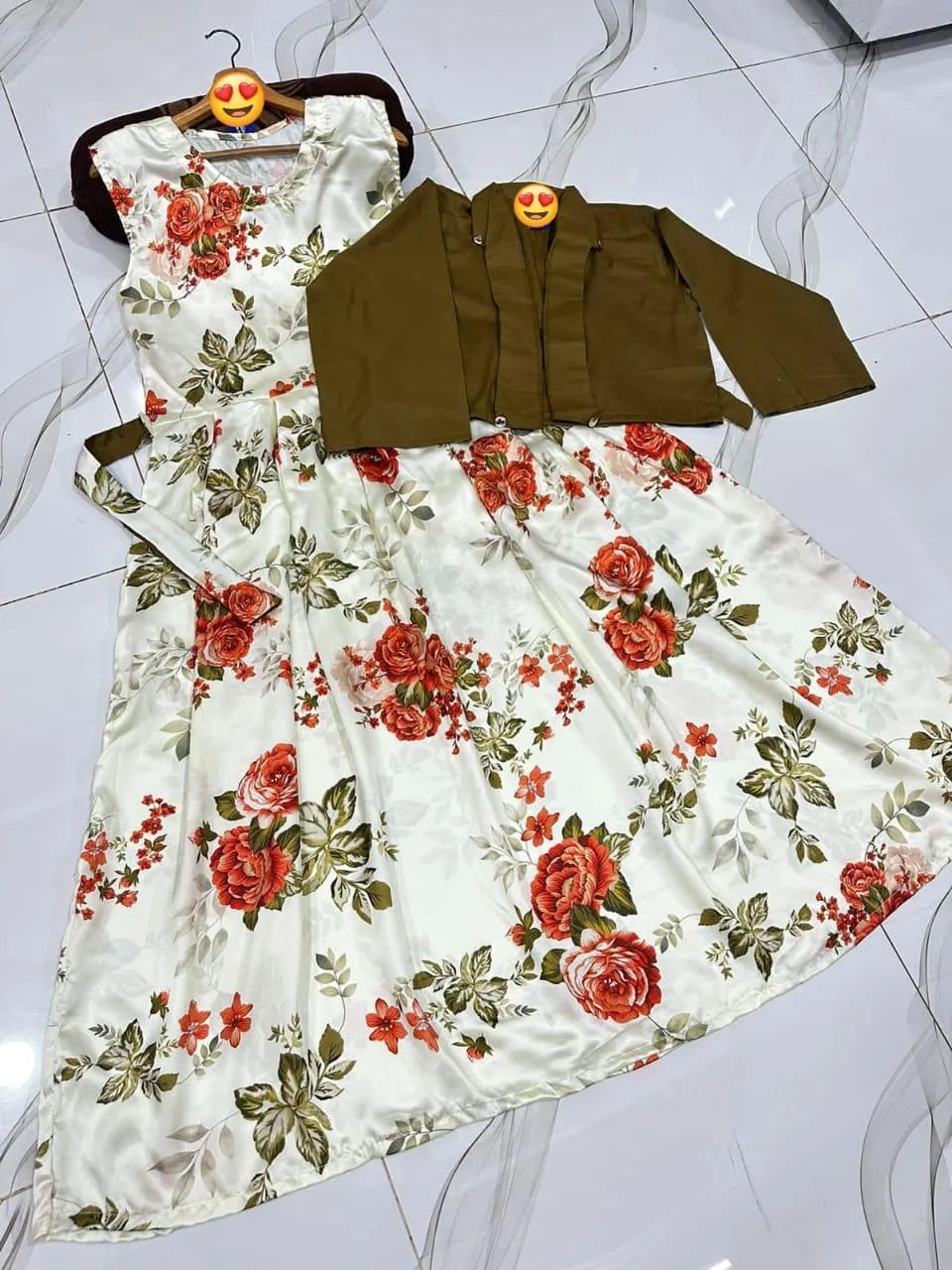 2 Pcs Women's Stitched Silk Printed Maxi and Jacket