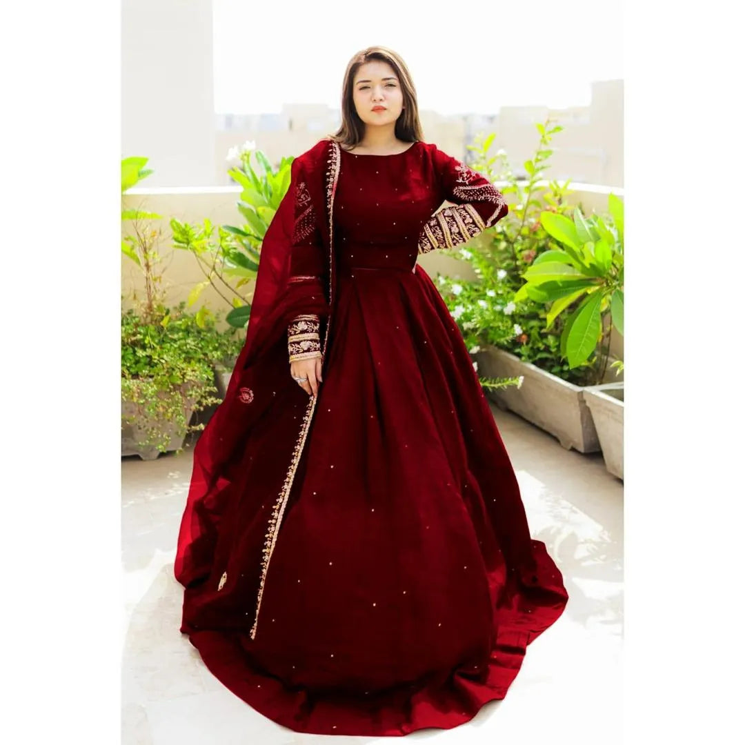 3 Pcs Women's Stitched Shamoz Silk Embroidered Lehenga Choli