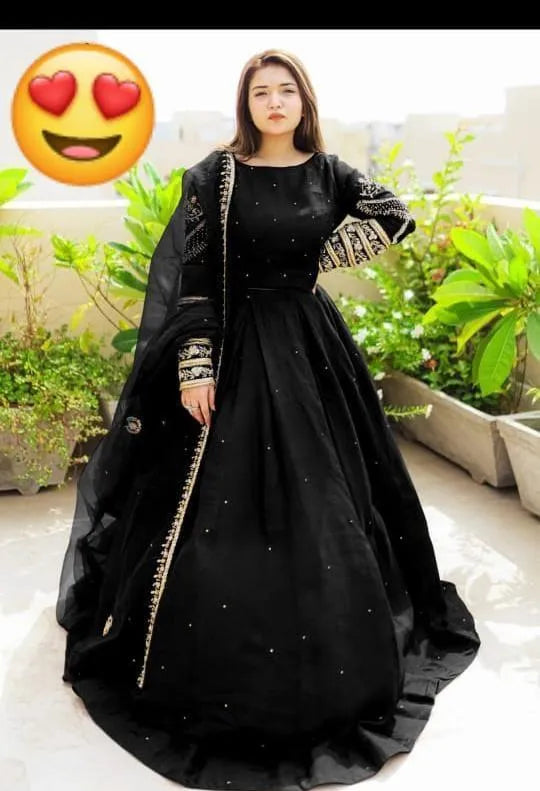 3 Pcs Women's Stitched Shamoz Silk Embroidered Lehenga Choli