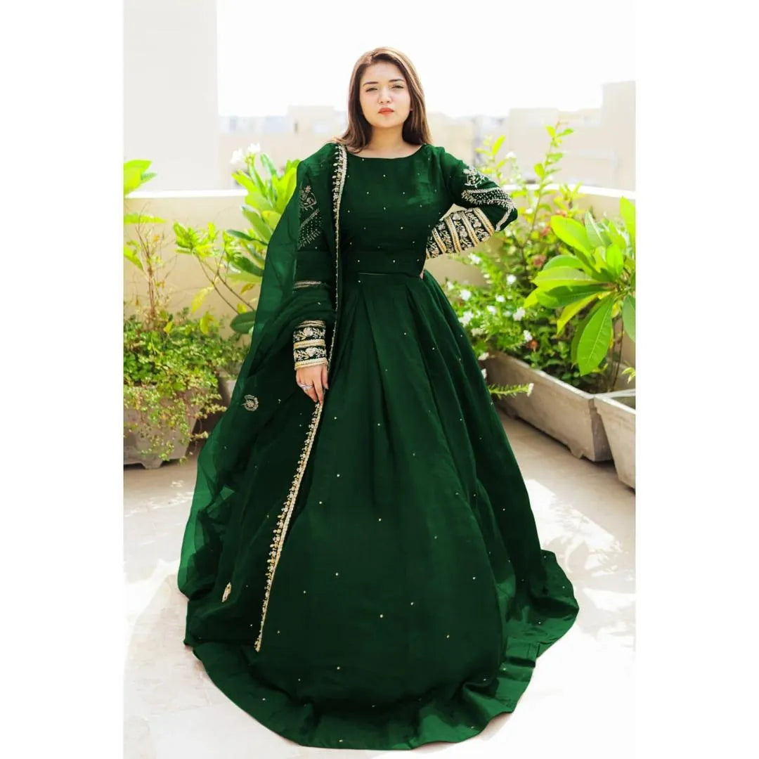 3 Pcs Women's Stitched Shamoz Silk Embroidered Lehenga Choli