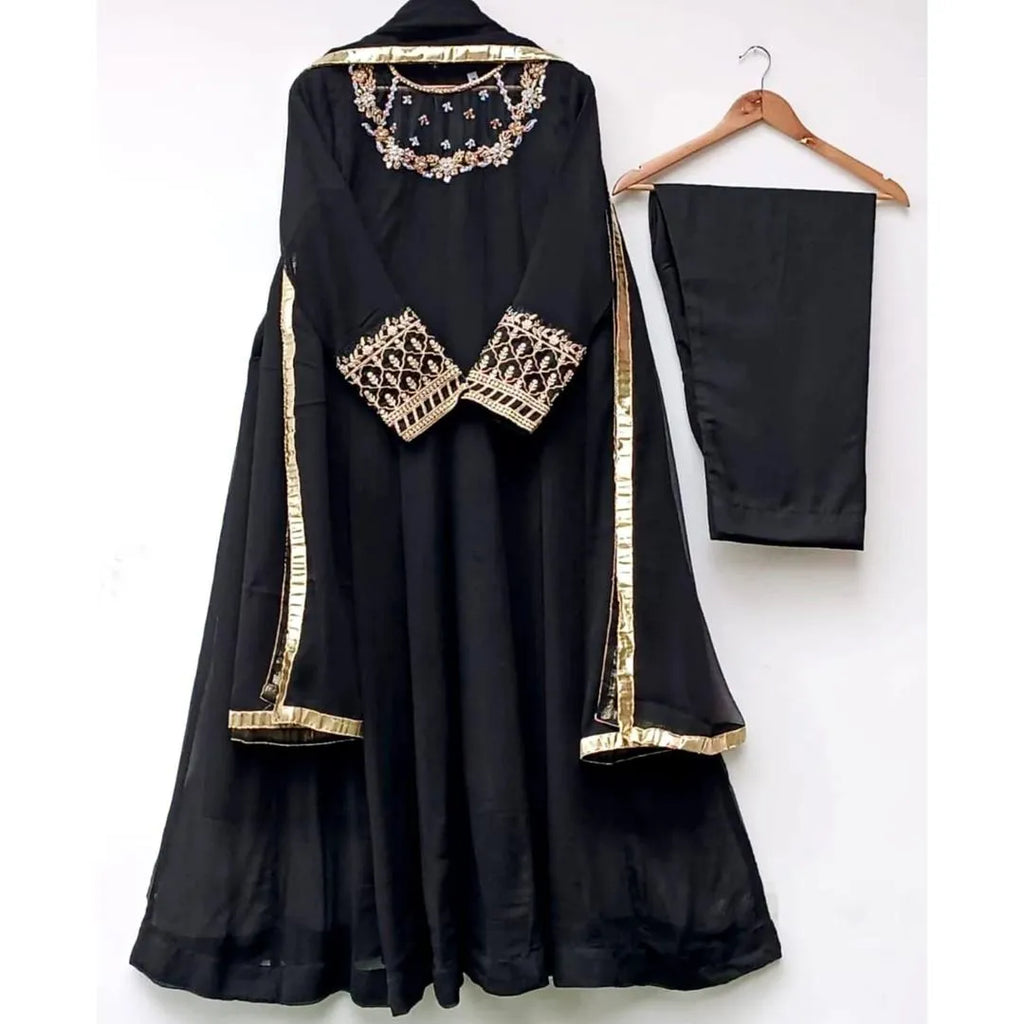 3 Pcs Women's Stitched Chiffon Embroidered Maxi And Trouser