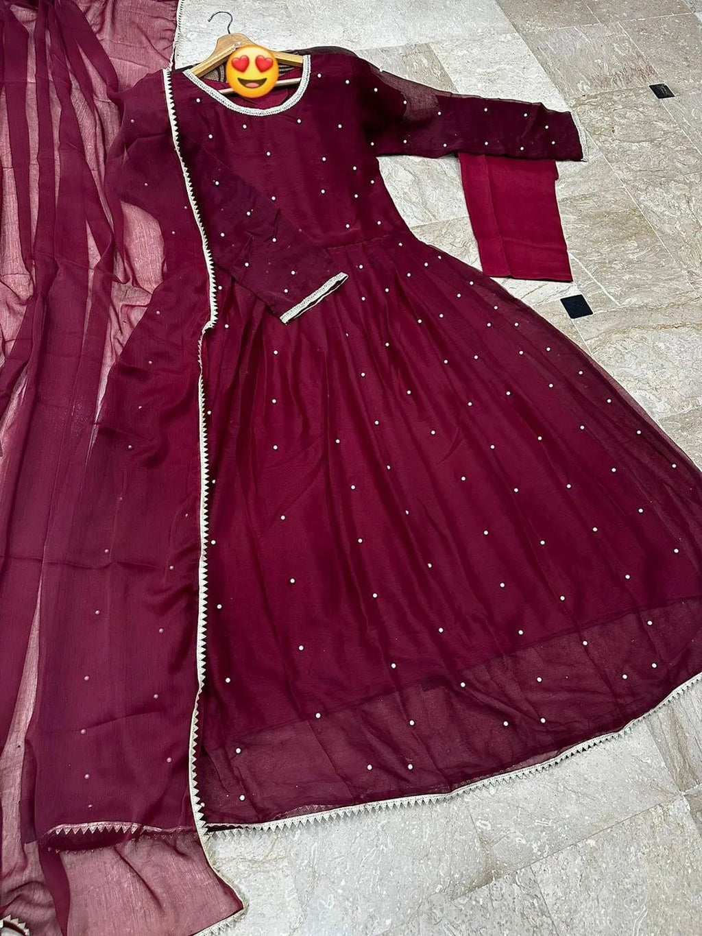 3 Pcs Women's Stitched Chiffon Embroidered Maxi And Trouser