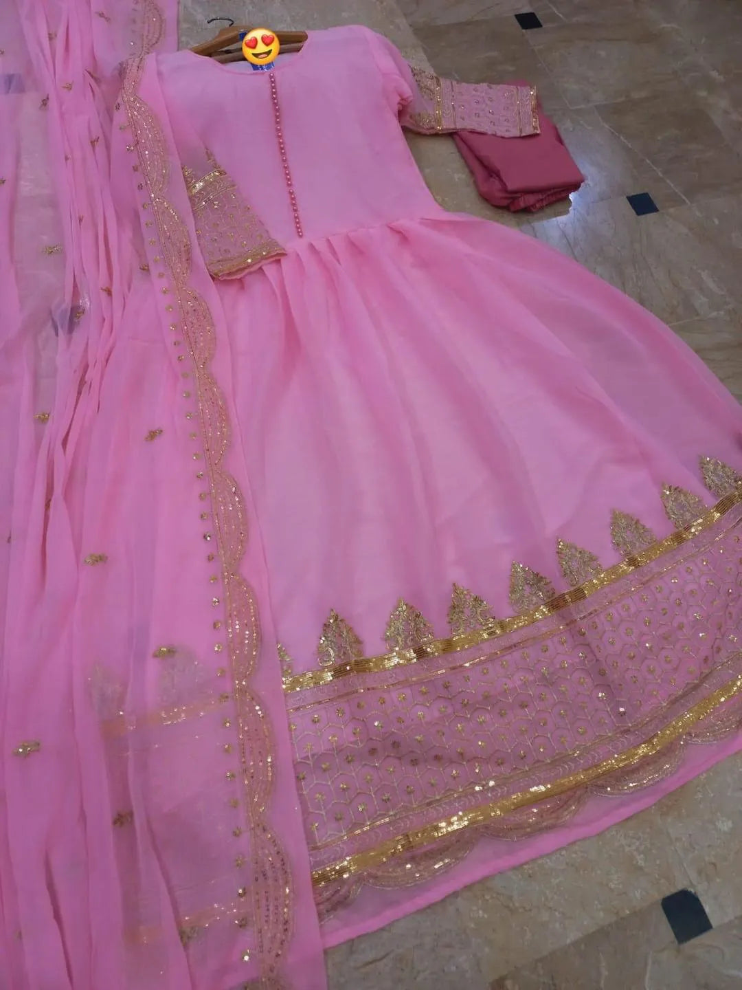 3 Pcs Women's Stitched Chiffon Sequins Maxi And Trouser