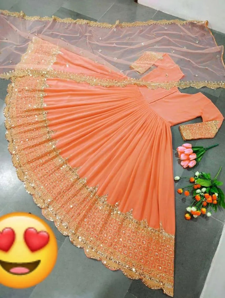 3 Pcs Women's Stitched Chiffon Sequins Maxi And Trouser