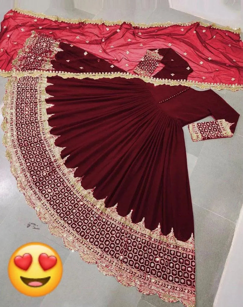 3 Pcs Women's Stitched Chiffon Sequins Maxi And Trouser