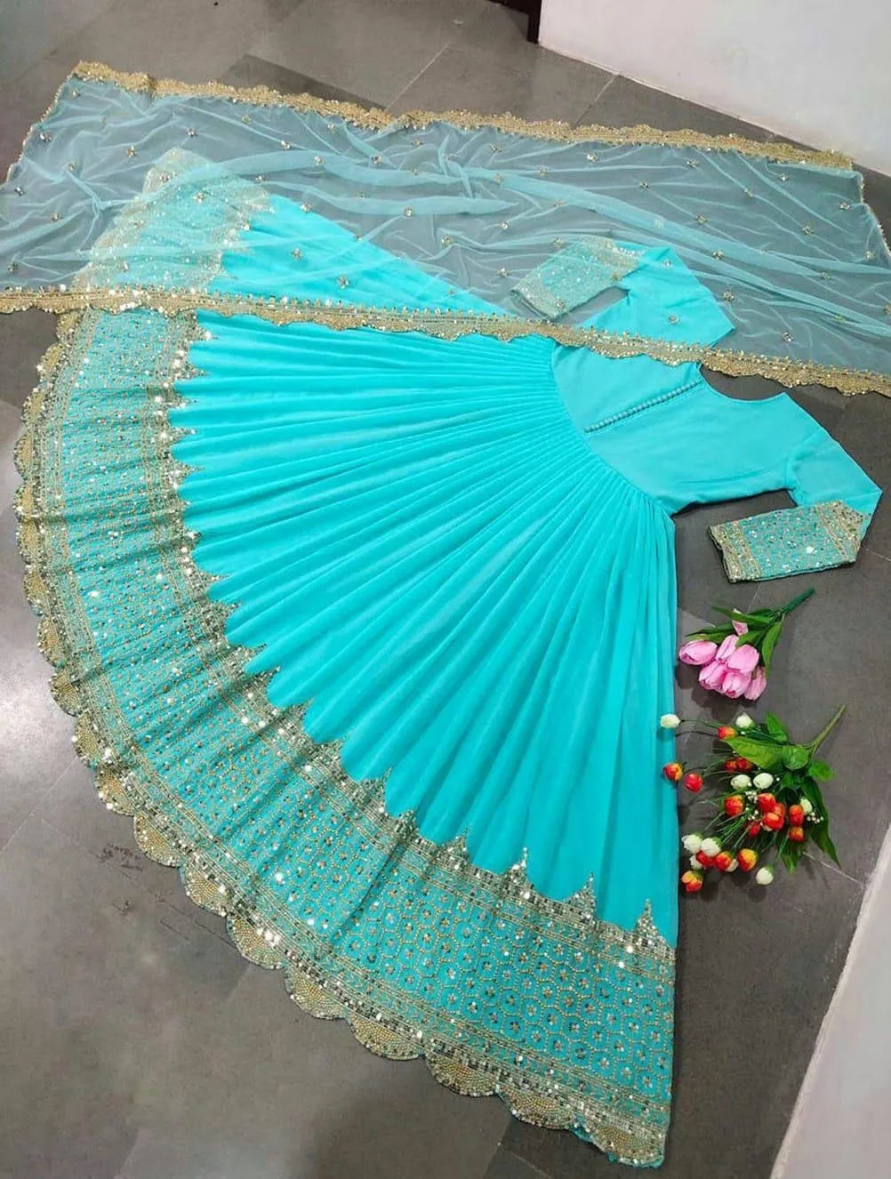 3 Pcs Women's Stitched Chiffon Sequins Maxi And Trouser