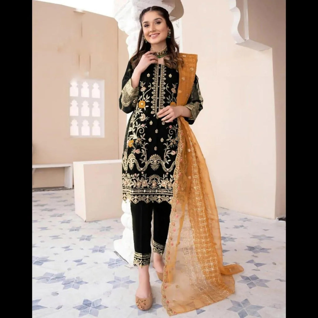 3 Pcs Women's Stitched Organza Embroidered Suit
