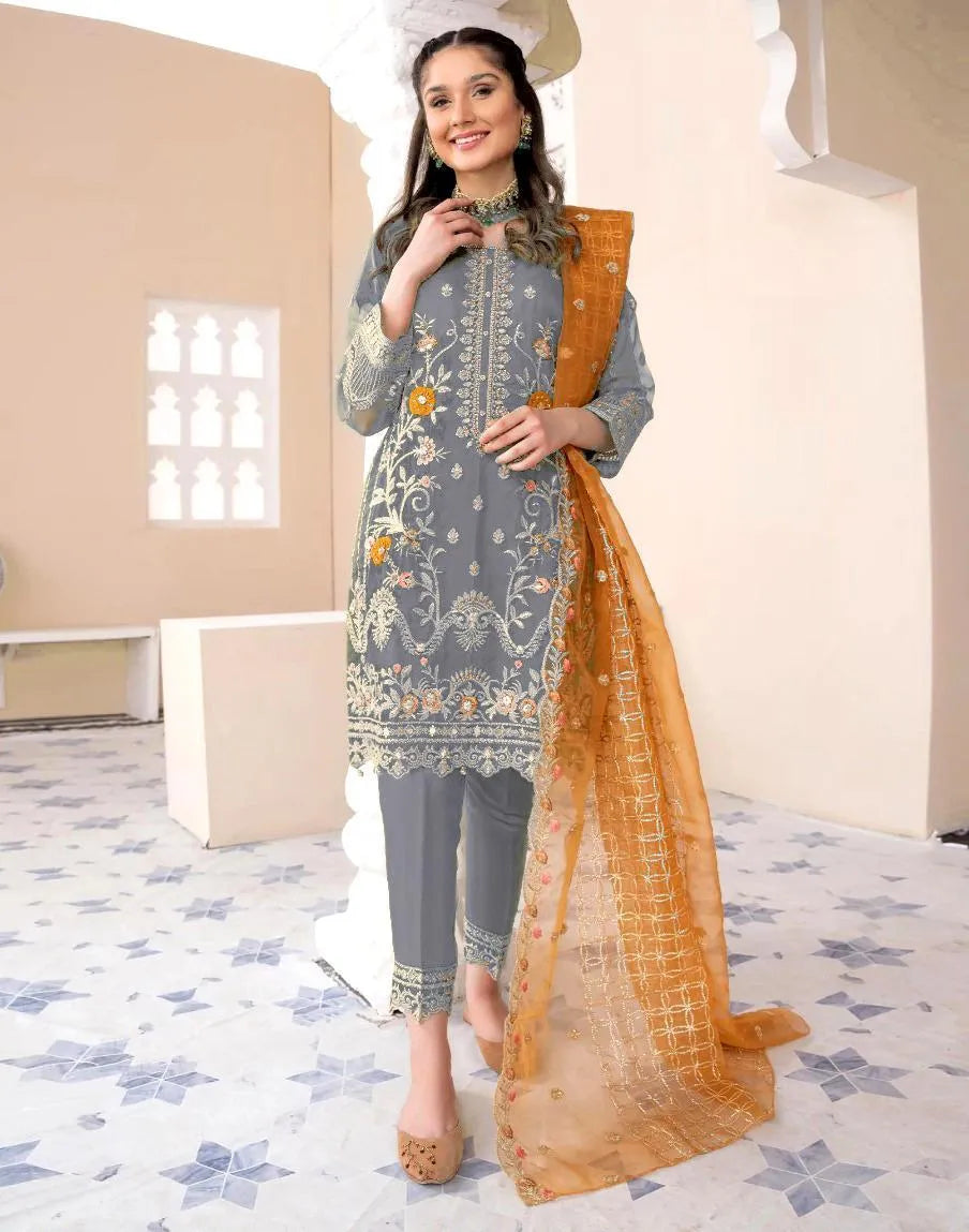 3 Pcs Women's Stitched Organza Embroidered Suit