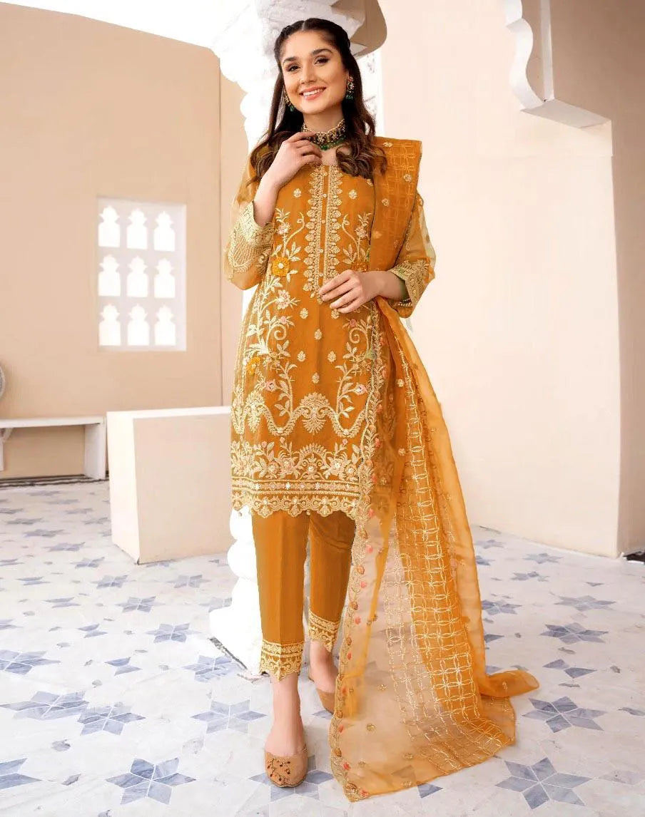 3 Pcs Women's Stitched Organza Embroidered Suit