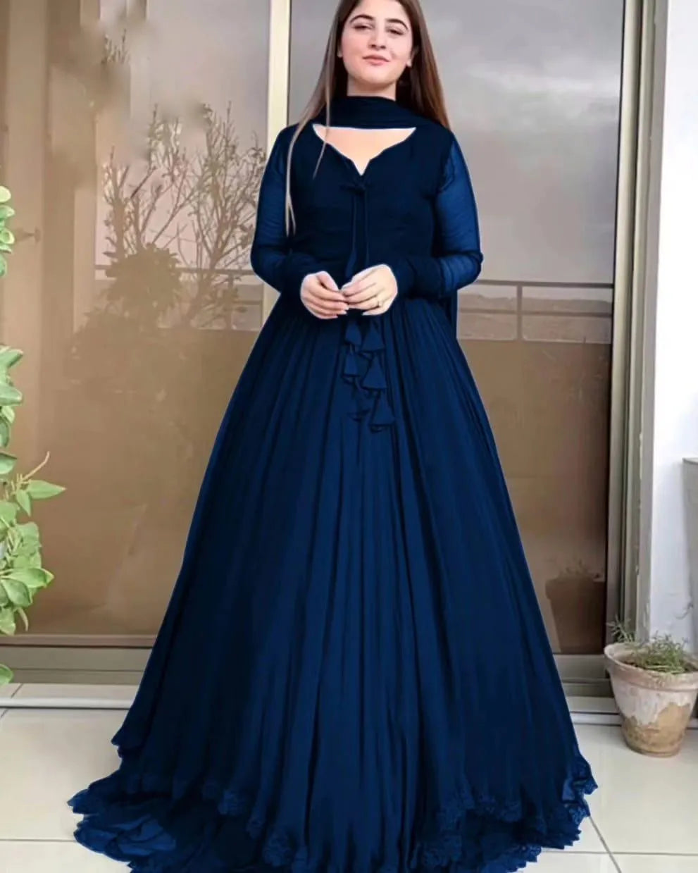 3 Pcs Women's Stitched Chiffon Plain Maxi And Trouser