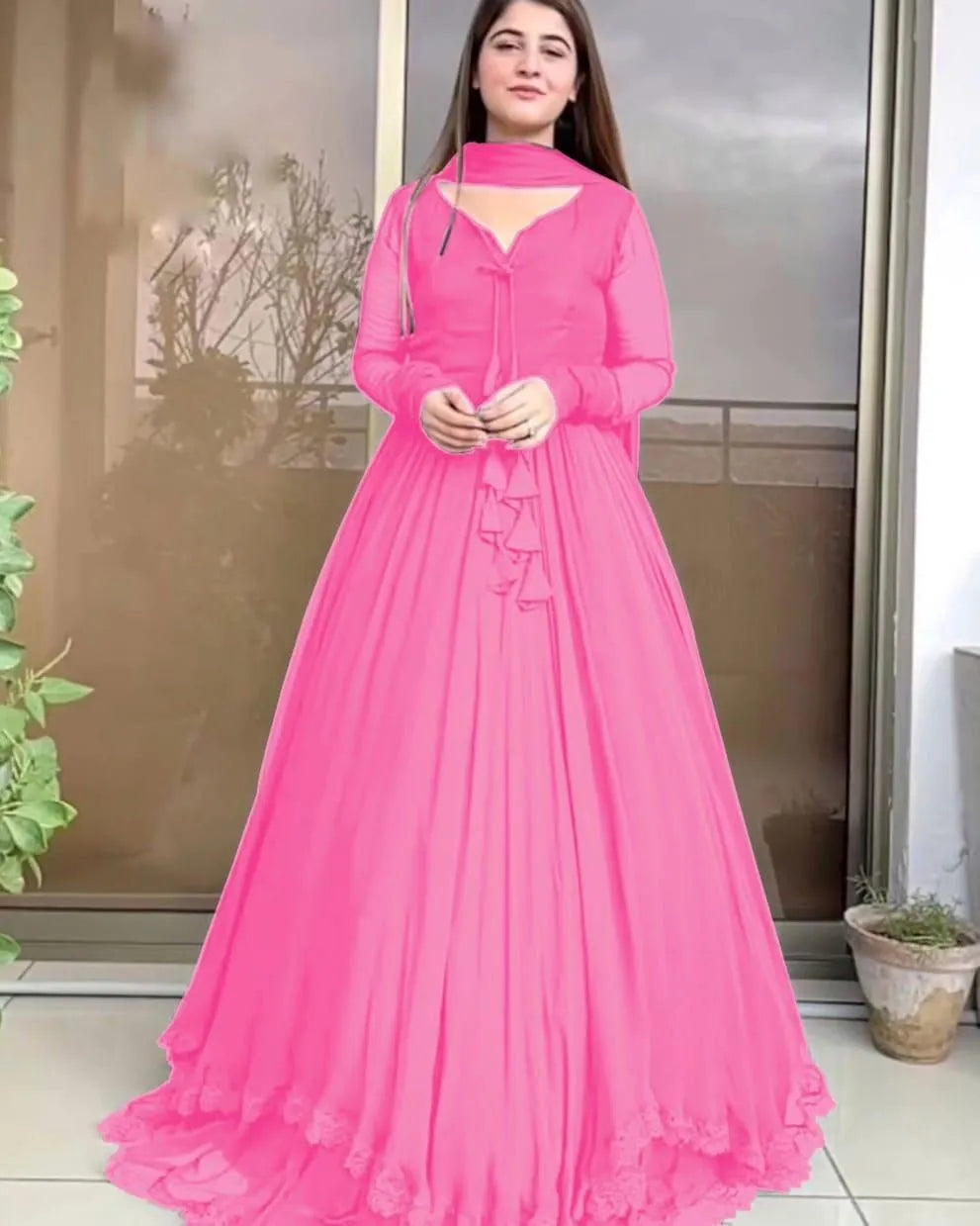 3 Pcs Women's Stitched Chiffon Plain Maxi And Trouser