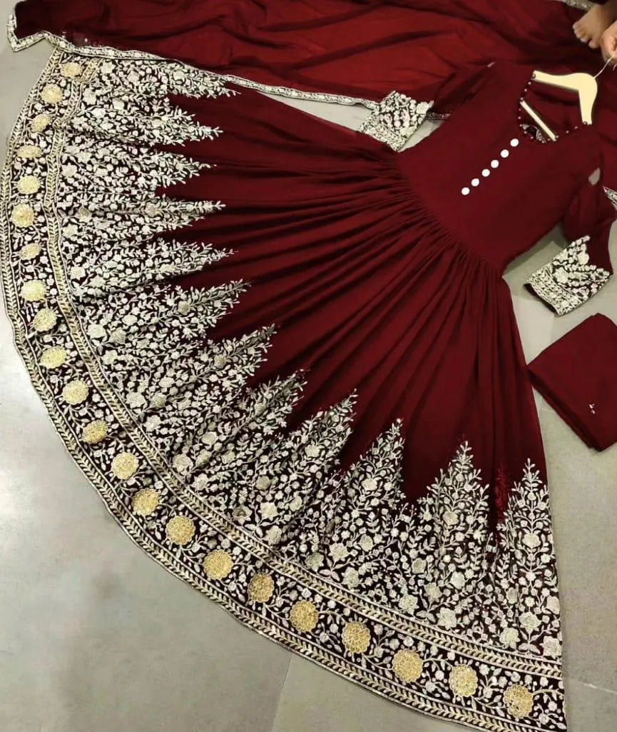 3 Pcs Women's Stitched Chiffon Embroidered Maxi And Trouser