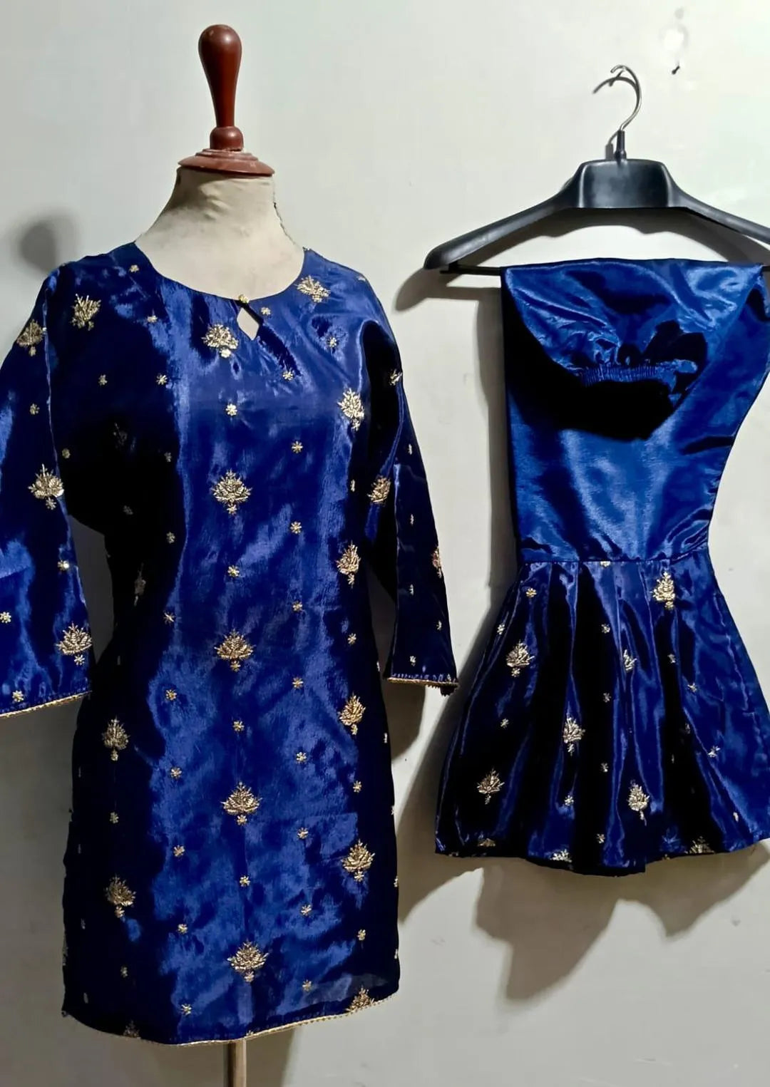 2 Pcs Women's Stitched Katan Silk Embroidered Shirt And sharara 2p