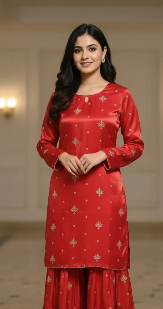 2 Pcs Women's Stitched Katan Silk Embroidered Shirt And sharara 2p